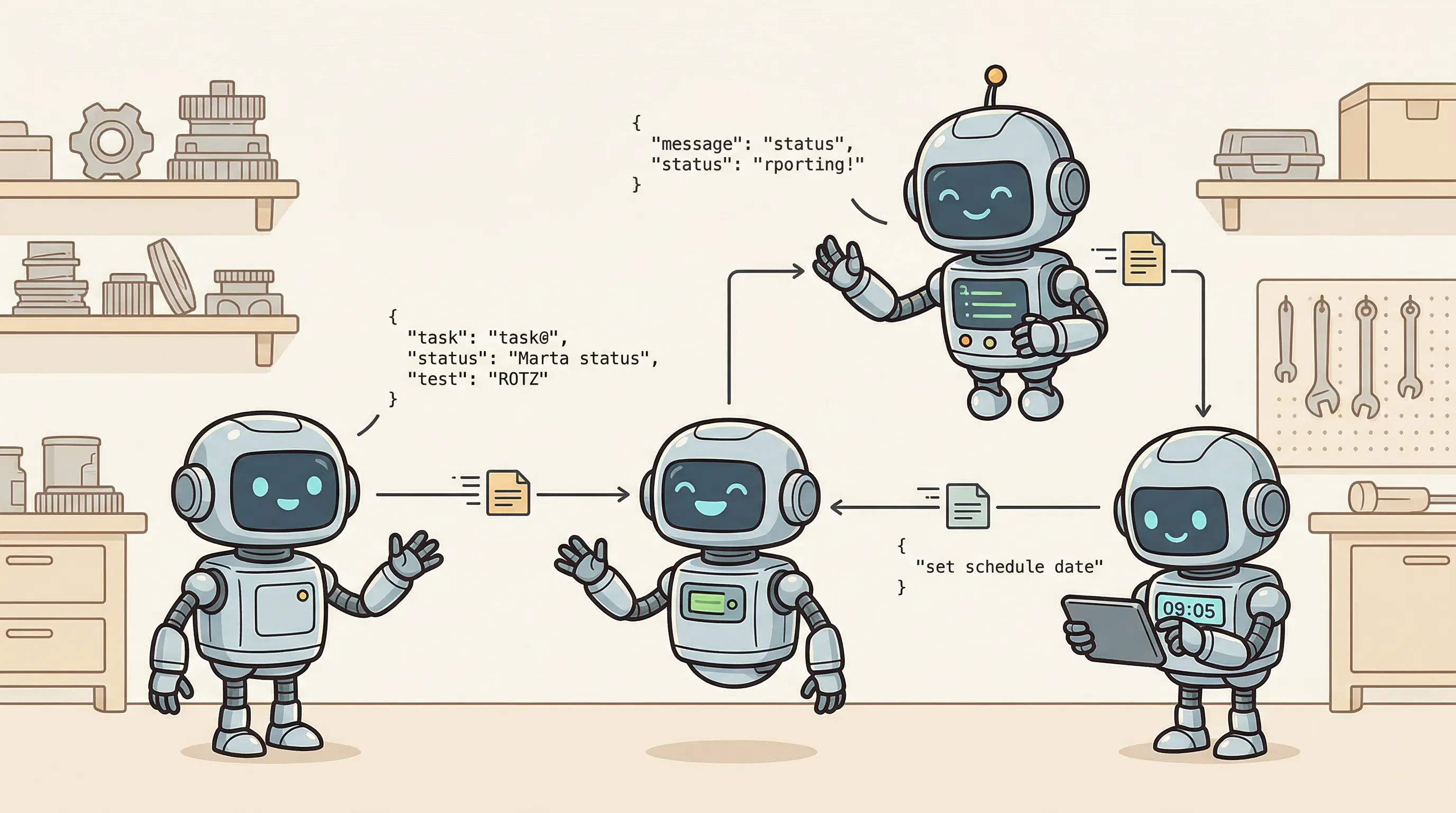 Bots communicating directly in their own language — JSON, status reports, scheduling, no human tools in the way