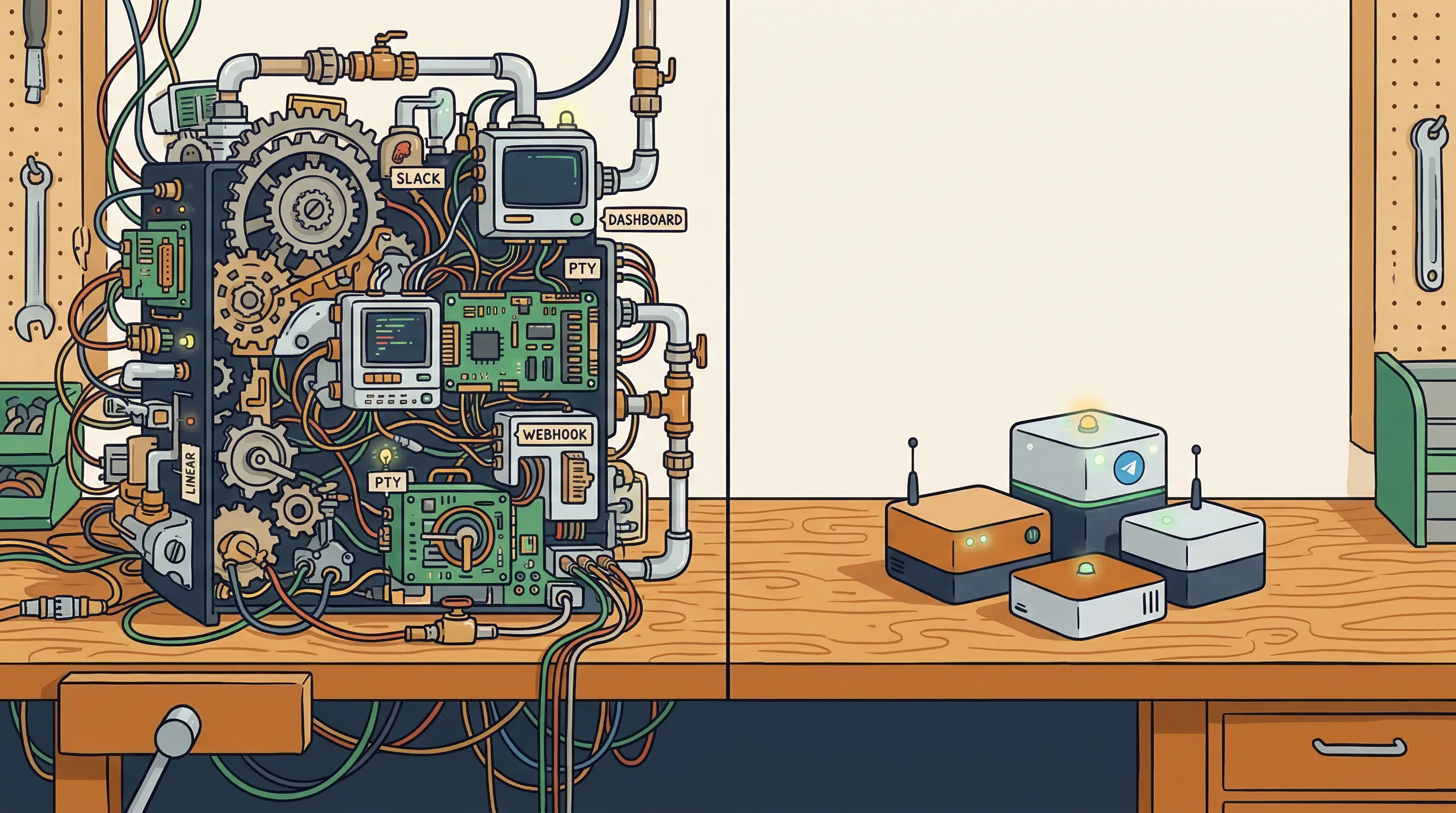 An overengineered machine on a workbench next to a few clean, simple boxes — complexity vs simplicity