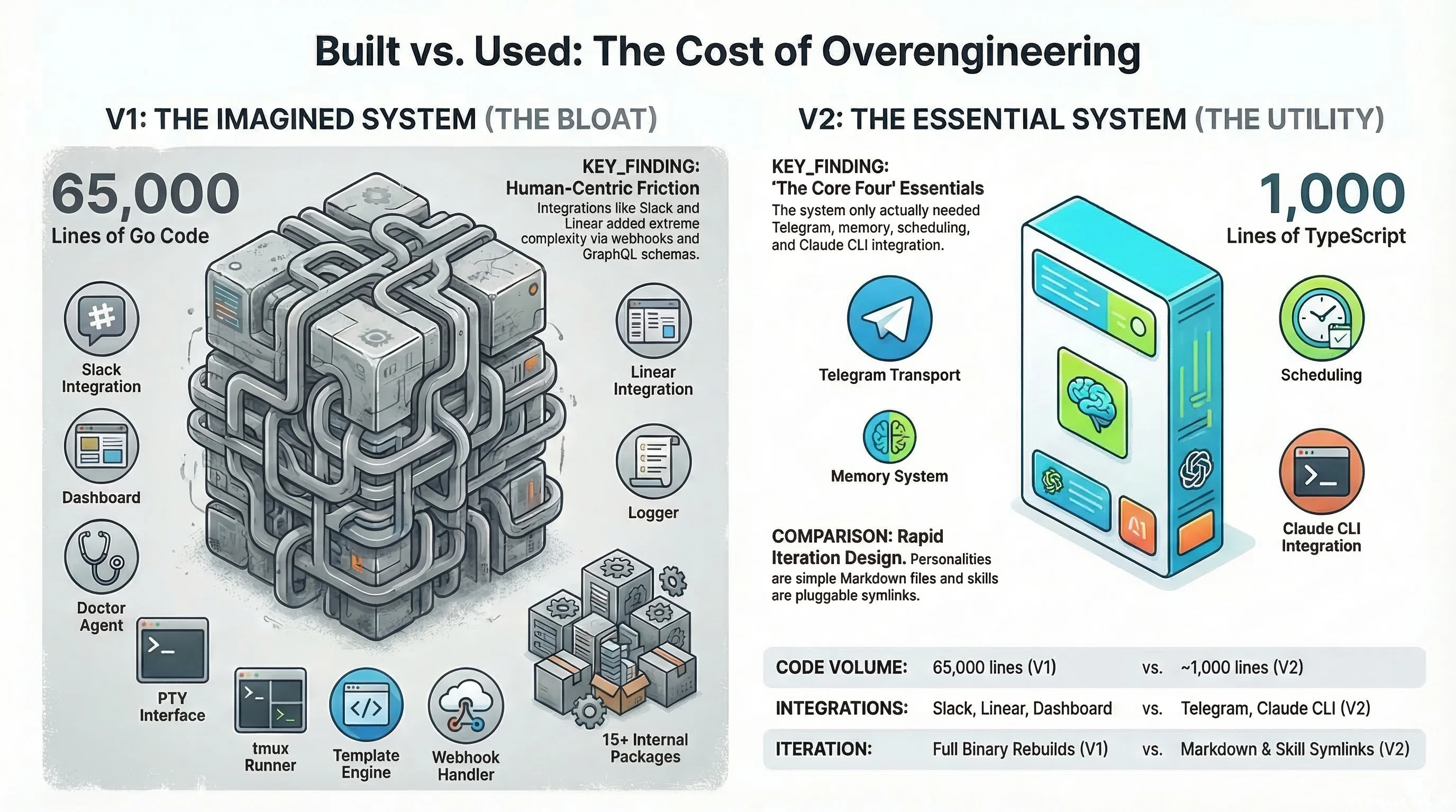 Built vs. Used: The Cost of Overengineering — V1's imagined system versus V2's essential system